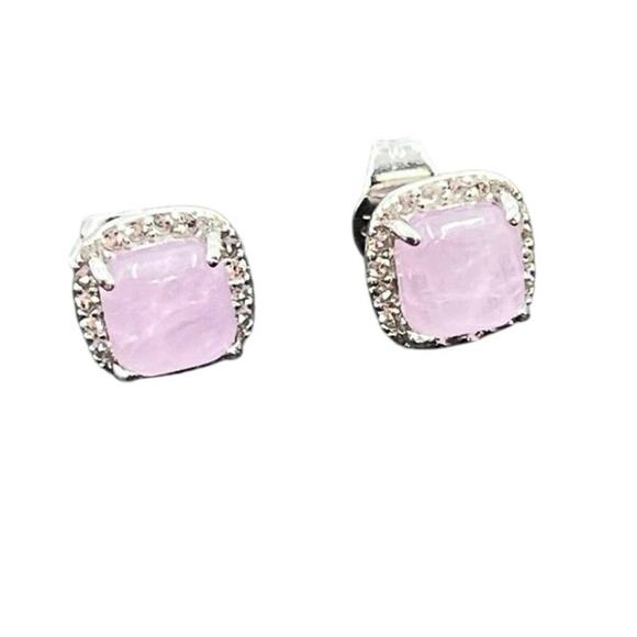Sterling Silver Cushion Cut Prong Set Rose Quartz White Topaz Halo Stud Earrings - Picture 2 of 8